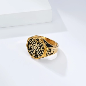 Vintage St. Benedict medal ring in gold and black stainless steel for men