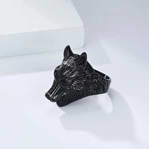 Anillo de cabeza de lobo vikingo retro para hombre en acero inoxidable negro