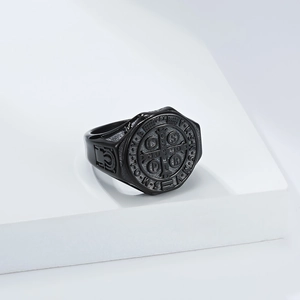 Vintage black stainless steel Saint Benedict medal ring for men with matte finish