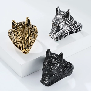 Anillos vintage de cabeza de lobo vikingo en acero inoxidable oro, plata y negro hombre