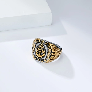 Men's USN Navy anchor eagle military ring in two-tone gold and silver stainless steel