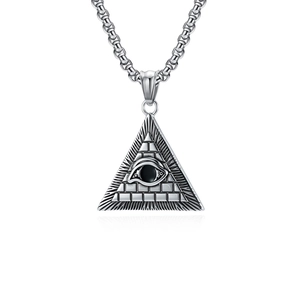 Polished stainless steel Eye of Providence pendant necklace with silver chain for men