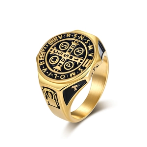 Retro Saint Benedict Medal Stainless Steel Ring For Men Vintage Religious Cross Signet Ring Gothic Christian Jewelry