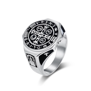 Vintage St. Benedict stainless steel religious exorcism ring for men with black enamel