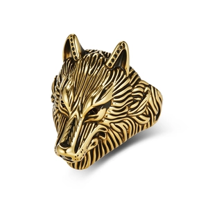 Anillo vintage de cabeza de lobo vikingo de acero de titanio dorado y cristales negros