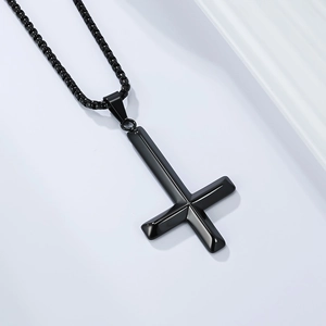 Gothic black inverted cross pendant on a matching box chain in polished stainless steel