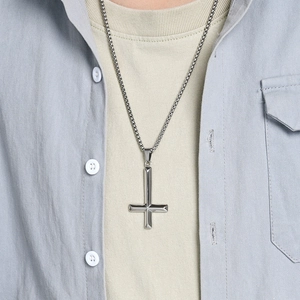 Men's inverted cross necklace in polished silver stainless steel with box chain