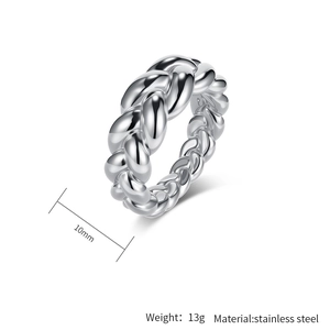 Detail view of 10mm wide twisted stainless steel ring showing weight and material specifications
