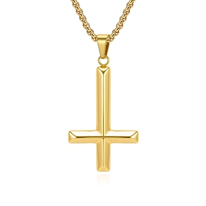 Polished gold stainless steel inverted cross necklace with square link chain on white