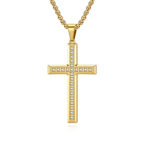 Collana con ciondolo a croce in acciaio inossidabile dorato con diamanti zirconi