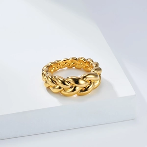 French style woven twisted titanium steel ring with polished 18K gold finish for unisex