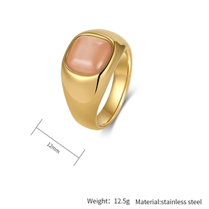 Detail view of wide gold stainless steel ring featuring a square cat eye stone inlay