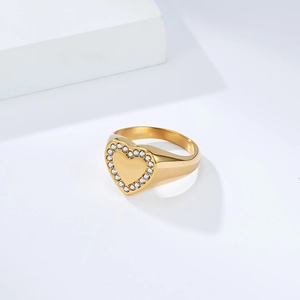 18K gold plated stainless steel heart signet ring with micro pave cubic zirconia