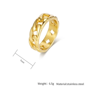 Detailed view of 7mm gold cuban link ring in polished stainless steel weighing 6.5g
