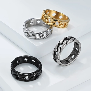 Mens punk style Cuban link chain rings set in gold silver black and antique finishes