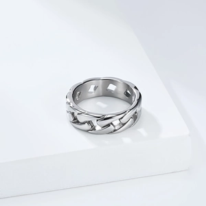 Polished silver cuban link ring details showing premium woven chain texture and metallic luster