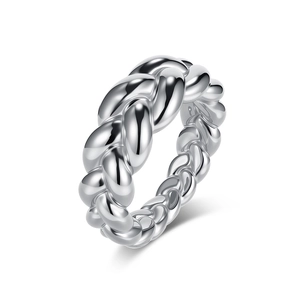 Polished stainless steel braided croissant dome ring with a thick twisted metal design