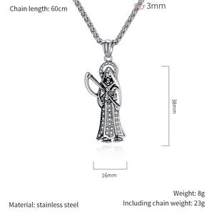 Detailed size and weight specs for the stainless steel Santa Muerte grim reaper pendant