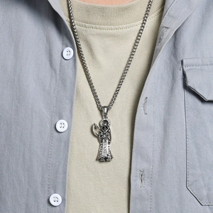 Hip hop style Grim Reaper pendant necklace in silver stainless steel with white crystals