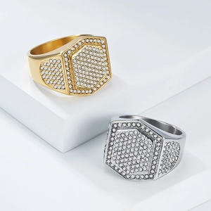Hip hop octagon ring for men in gold and silver finish with pave set cubic zirconia stones
