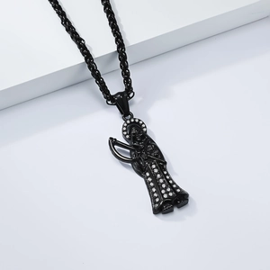 Gothic Santa Muerte grim reaper pendant in matte black steel with sparkling white rhinestones