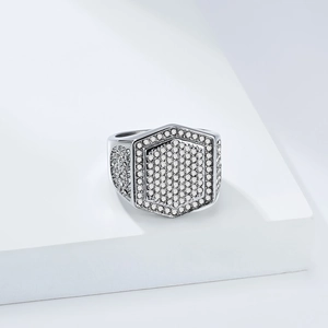 Luxurious iced out hexagon men's ring with white cubic zirconia and polished steel finish