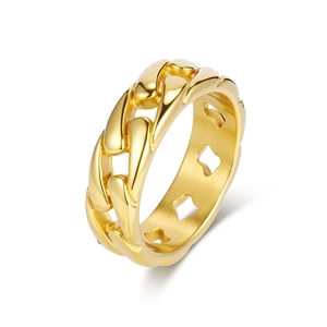 Polished gold Cuban link ring with interior clover cutouts for punk style jewelry fashion