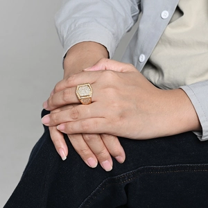 Luxurious gold plated hexagonal hip hop ring for men featuring micro paved crystals