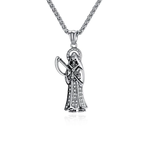 Gothic Santa Muerte scythe pendant in white gold finish with sparkling crystals on wheat chain