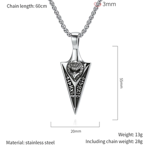 Detailed specs of stainless steel viking eagle arrow pendant with dimensions and weight