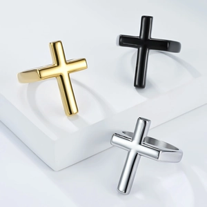 Ensemble de bagues croix minimalistes en acier inoxydable en finitions or, noir et argent