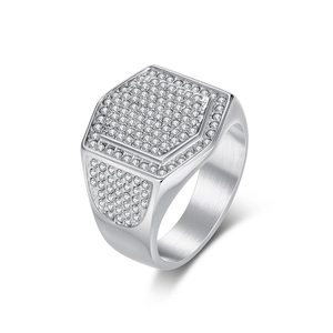 Luxury Men Hexagon Hip Hop Ring Stainless Steel Gold Plated Iced Out Full Rhinestone Pave Band Ring Personalized Jewelry