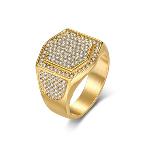 Men's hip-hop gold plated ring featuring a square head fully paved with round zircons