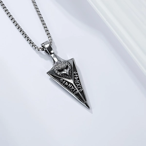 Vintage Viking arrowhead pendant with eagle head and Nordic runes on box chain necklace