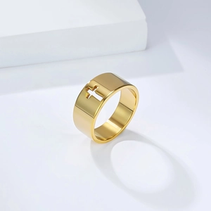 Minimalist gold plated stainless steel cross cutout ring with polished mirror finish
