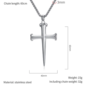 Detail view showing dimensions of nail cross pendant necklace in stainless steel