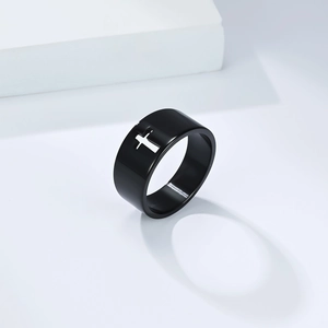 Polished black stainless steel ring for men featuring a hollow cross cutout detail