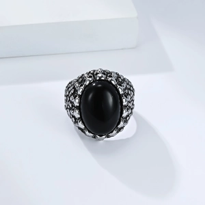 Gothic punk tiger eye stone skull ring in silver titanium steel with black gemstone