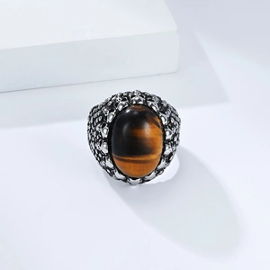 Punk style tiger eye stone ring for men with skull carved stainless steel band