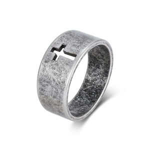 Retro hollow cross stainless steel wide band ring with vintage silver finish for men