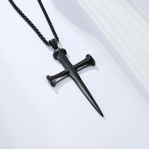 Gothic punk black cross pendant necklace with spike detail on thick twisted metal chain