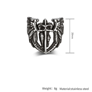 Detail view of Saint Michael Archangel wing ring showing 20mm height and weight specs