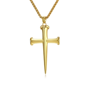 Polished gold stainless steel nail cross pendant necklace with wheat chain for men