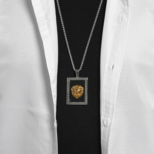 Collana con pendente testa di leone hip hop con bordo a greca su catena da uomo