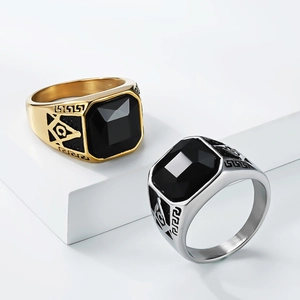 Bague Homme Vintage en Acier Inoxydable Franc-Maçonnerie Avec Sceau Équerre et Compas Pierre Noire Anneau Clé Grecque