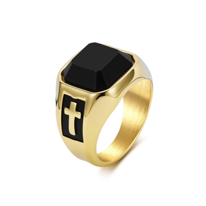 Vintage Stainless Steel Black Rhinestone Cross Ring For Men Gothic Punk Style Religious Band Ring Jewelry Gift