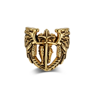 Vintage Men St Michael Angel Wings Cross Sword Shield Ring Stainless Steel Gothic Punk Biker Band Ring For Men Jewelry