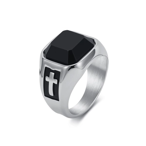 Vintage men's stainless steel signet ring with square black stone and cross detail
