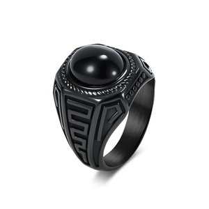 Retro Stainless Steel Signet Ring For Men With Large Oval Black Stone Geometric Carved Band Vintage Punk Style Jewelry