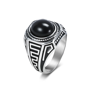 Vintage silver steel men ring with large round black gemstone and Greek key pattern